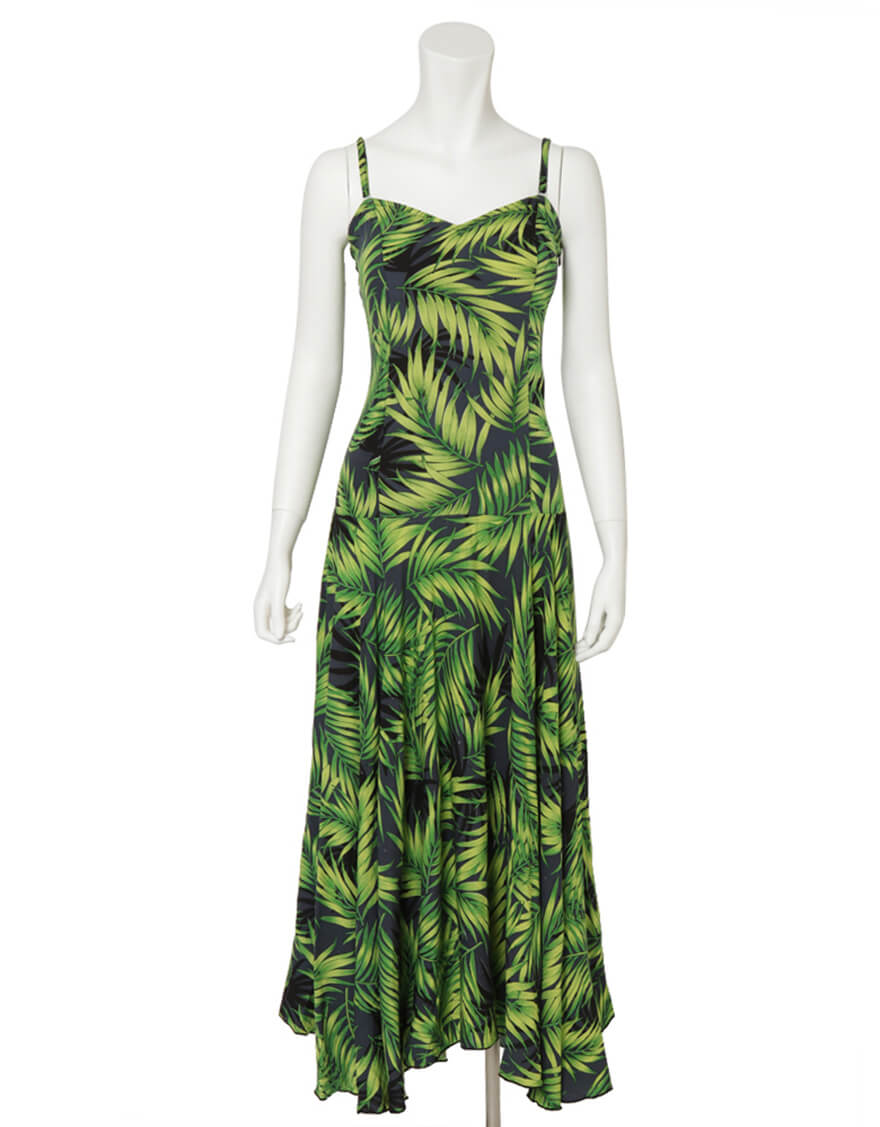 【レーヨン生地ドレス,ドレス】フレアドレス（パームリーフ）ブラック