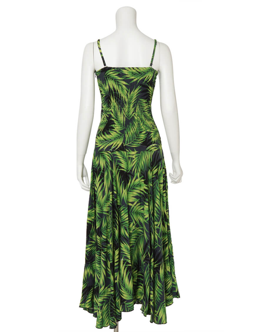 【レーヨン生地ドレス,ドレス】フレアドレス（パームリーフ）ブラック