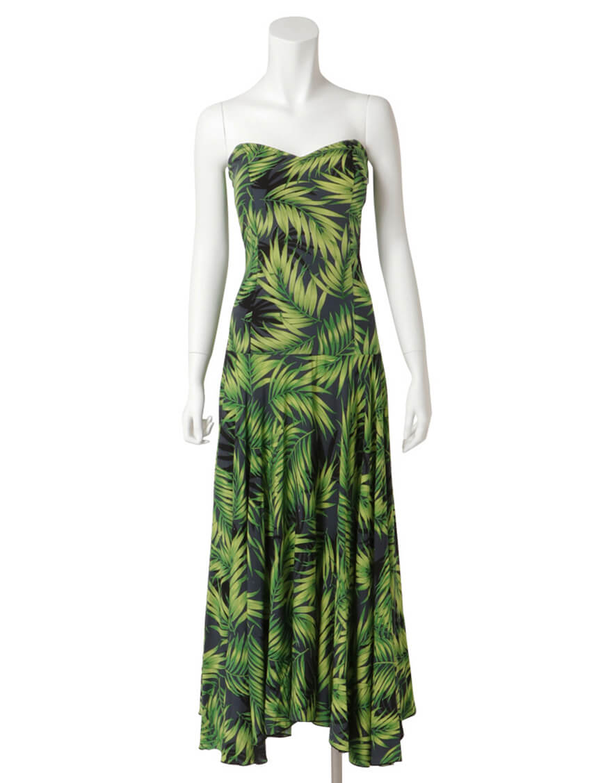 【レーヨン生地ドレス,ドレス】フレアドレス（パームリーフ）ブラック