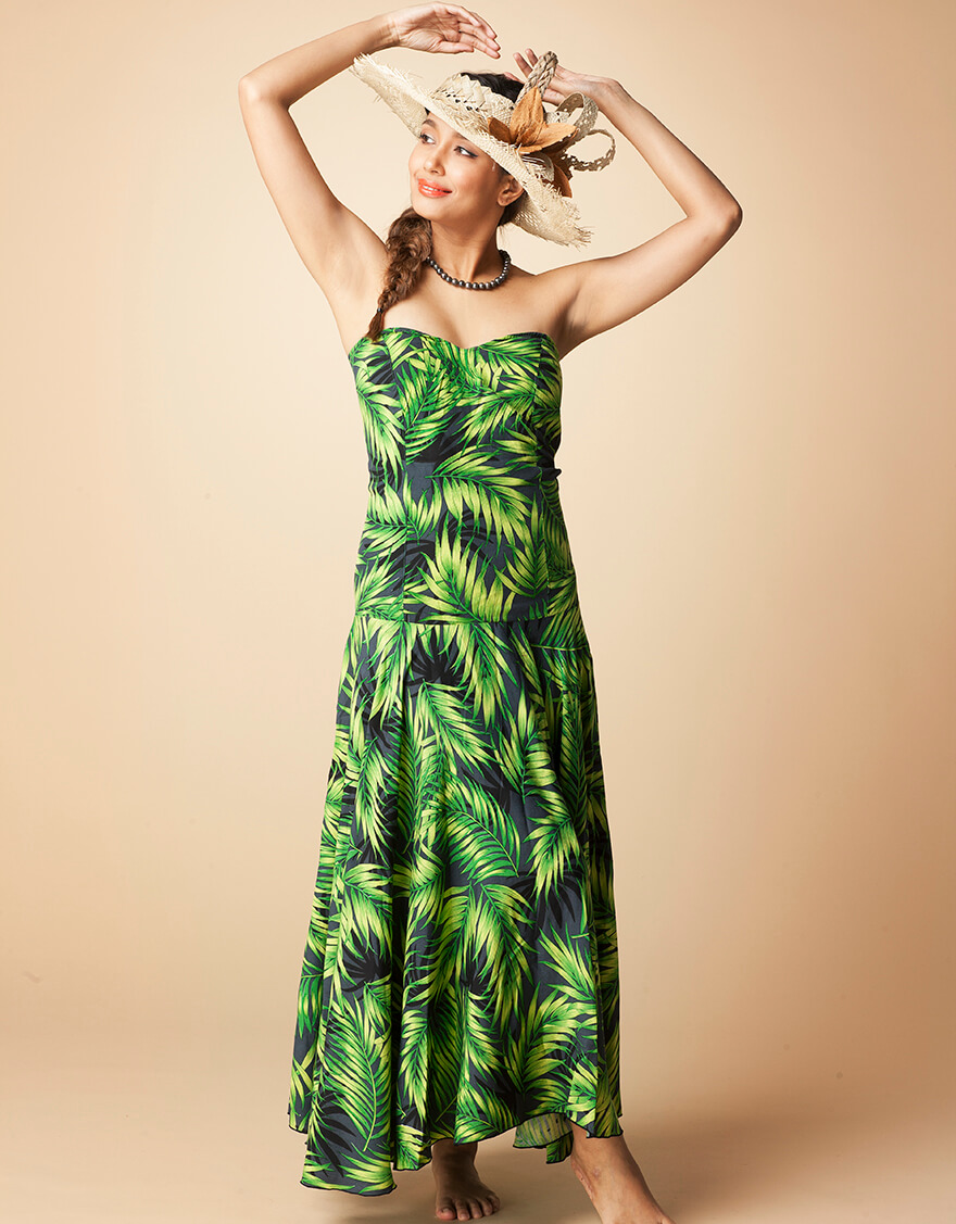 【レーヨン生地ドレス,ドレス】フレアドレス（パームリーフ）ブラック