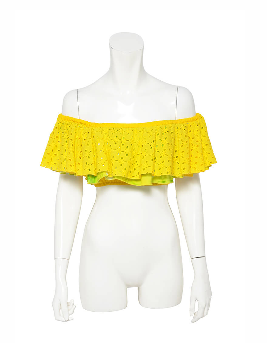 【ショート丈トップス,トップス】ショート丈コットンレーストップス（ヒメモンステラ）ライム