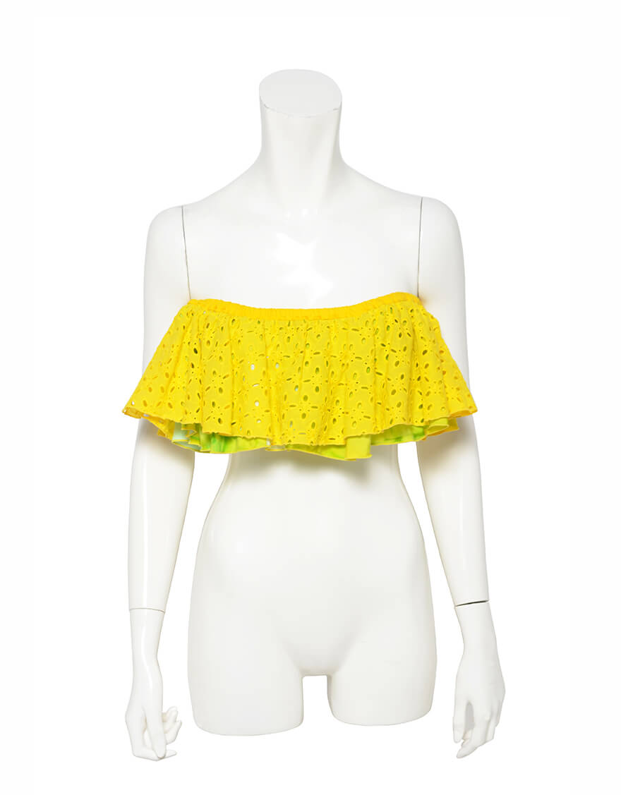 【ショート丈トップス,トップス】ショート丈コットンレーストップス（ヒメモンステラ）ライム