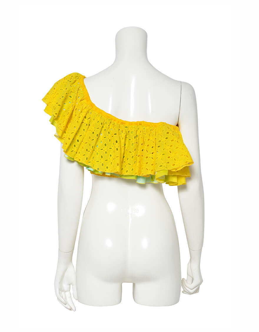 【ショート丈トップス,トップス】ショート丈コットンレーストップス（ヒメモンステラ）ライム