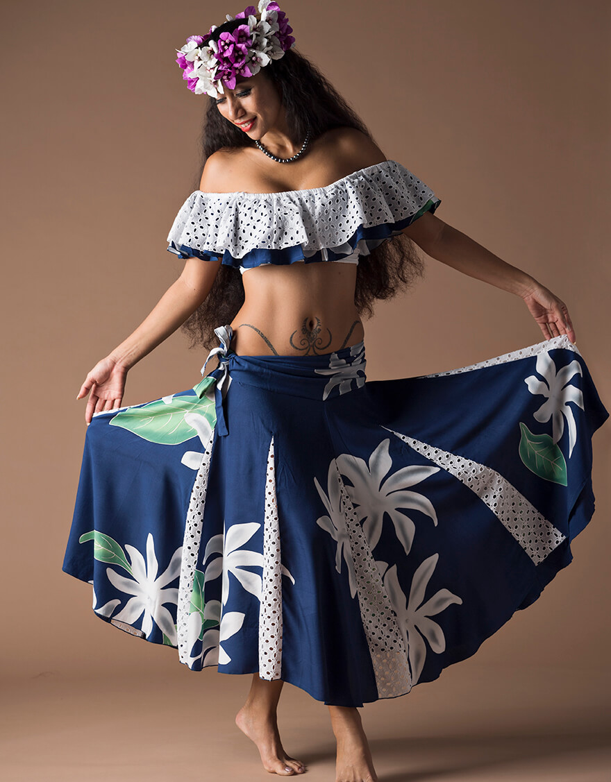 コットンレーススカート（ティアレタヒチ）ネイビー – フラダンス衣装、タヒチアンダンス衣装なら「フラとタヒチのAREMITI」