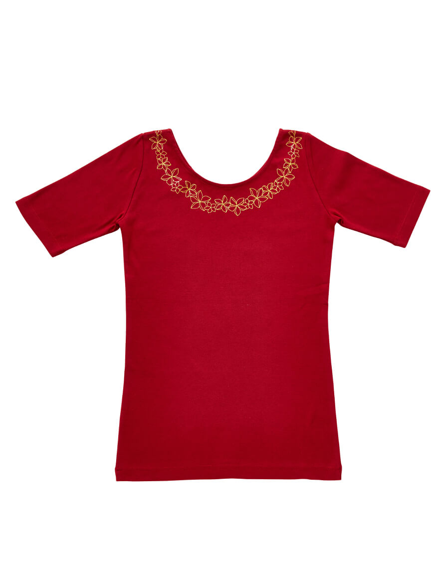 【レッスンTシャツ,レッスンアイテム】５分袖プルメリアビジュー（レッド）