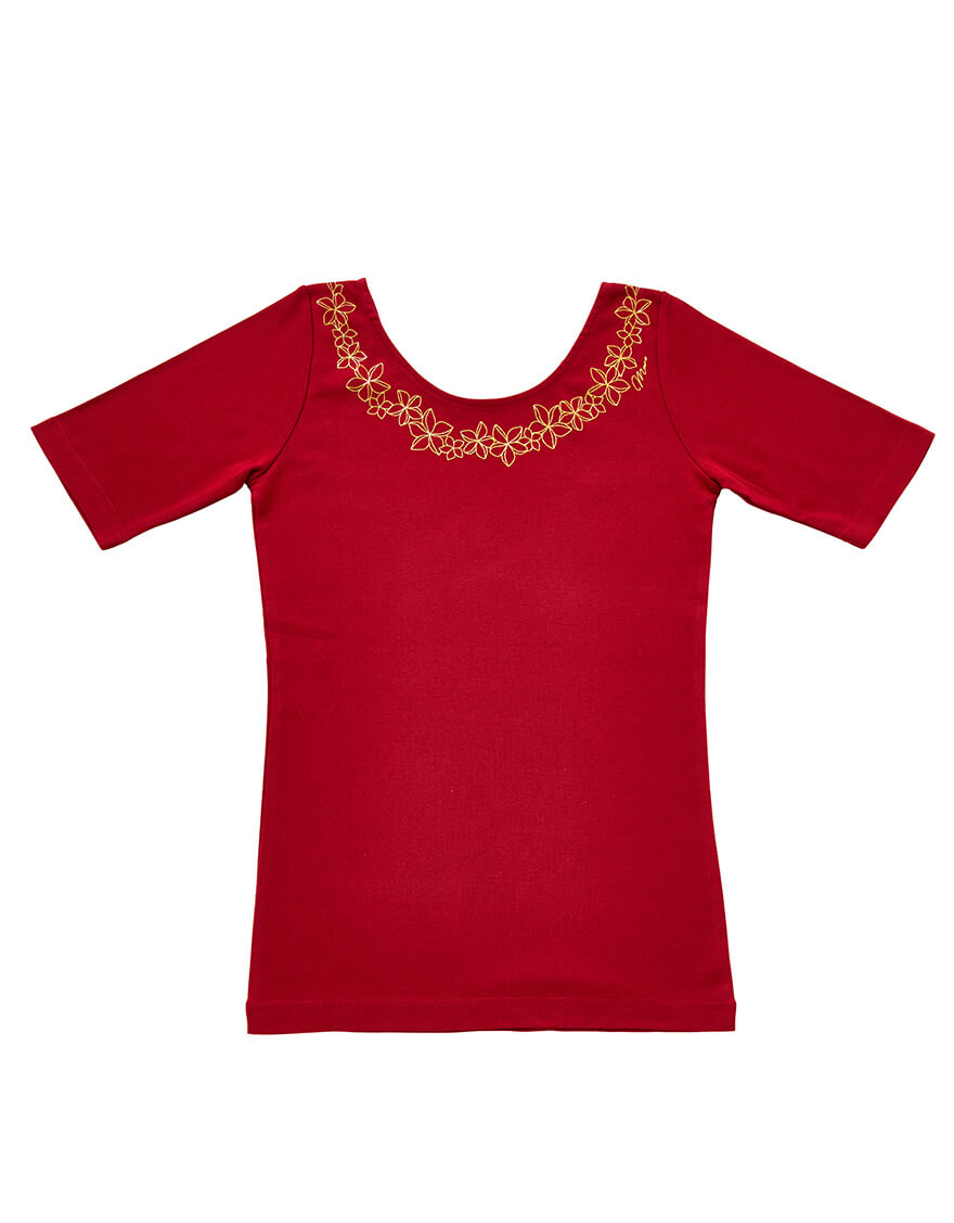 【レッスンTシャツ,レッスンアイテム】５分袖プルメリアビジュー（レッド）