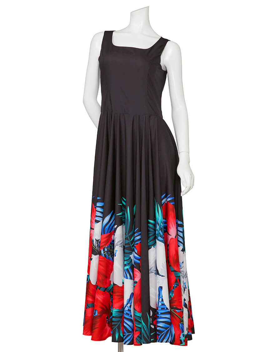 【ノンストレッチ生地ドレス,ドレス】ノースリーブスクエアネックフレアドレス（パームハイビスカス）ブラック