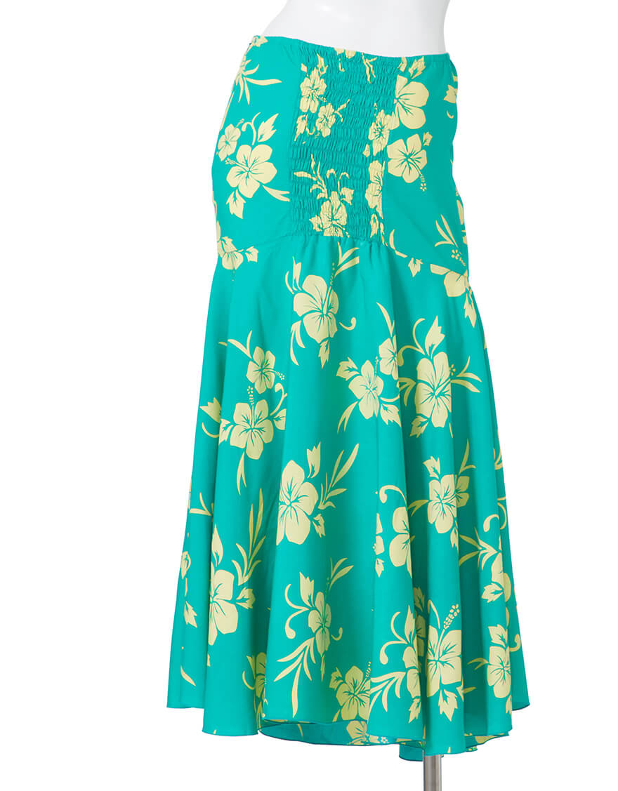 【レーヨン生地ドレス,ドレス】ホルタークロストップス+マーメイドスカート（ハイビスカスリーフ）レモンミント