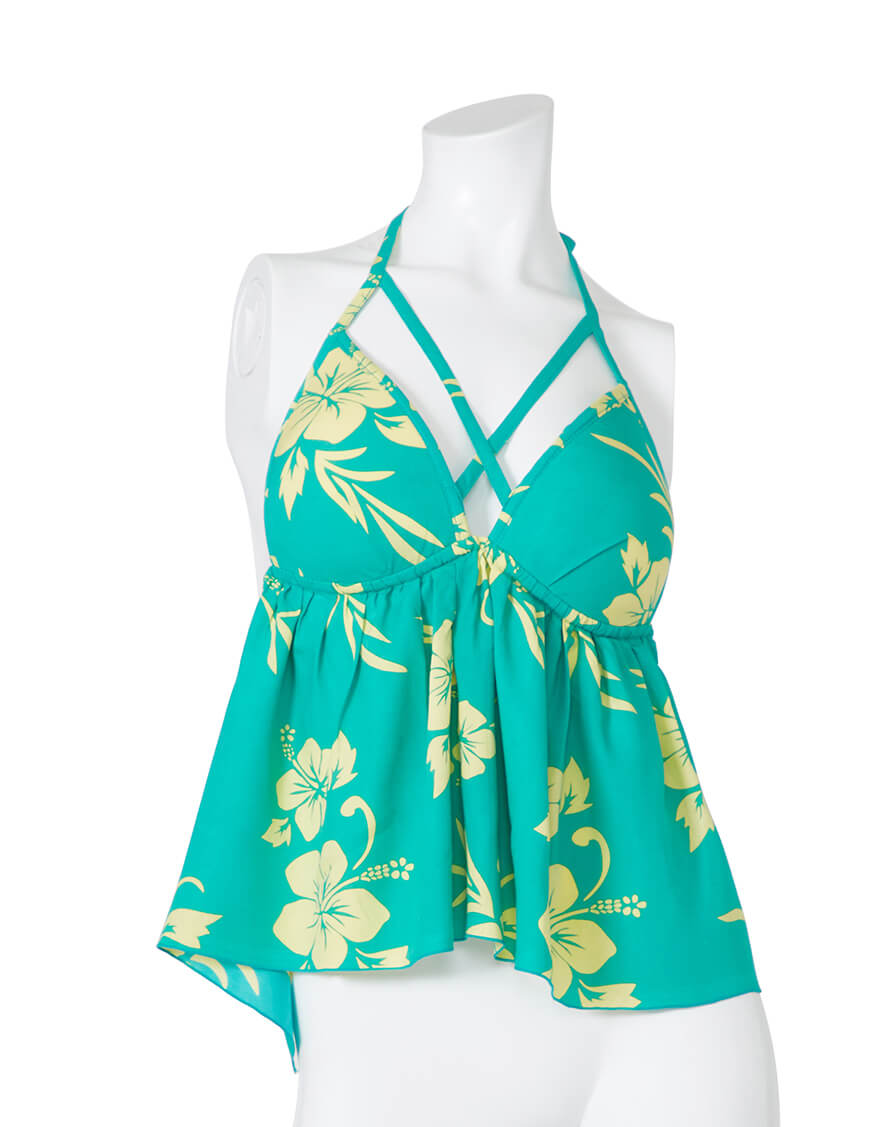 【レーヨン生地ドレス,ドレス】ホルタークロストップス+マーメイドスカート（ハイビスカスリーフ）レモンミント