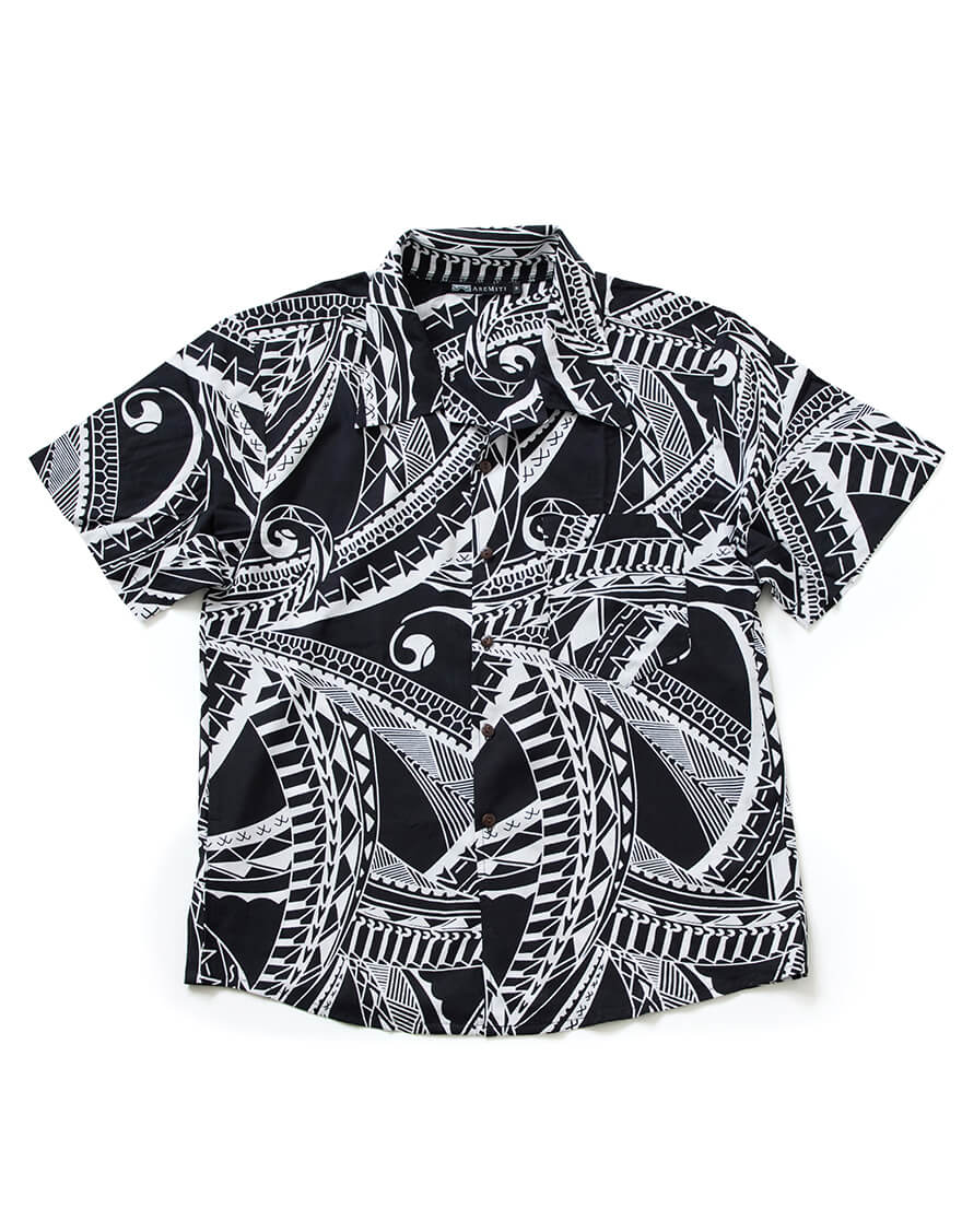 【メンズアロハシャツ,タネコスチューム】メンズアロハシャツ（スクロール）ブラック