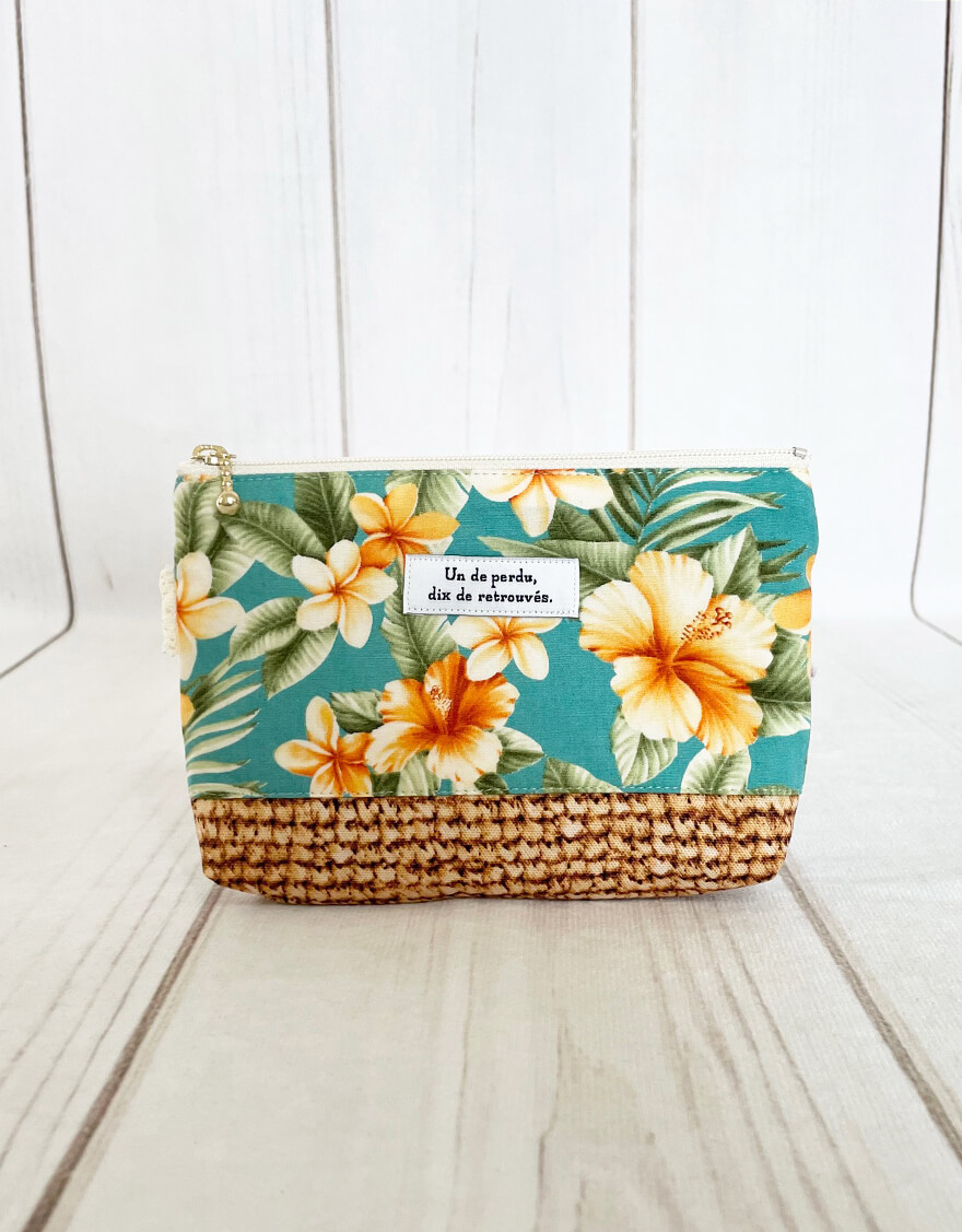 【レッスン小物,バック/ポーチ,レッスンアイテム,ハワイアン雑貨】スリムポーチ（トロピカルフラワー）ブルー
